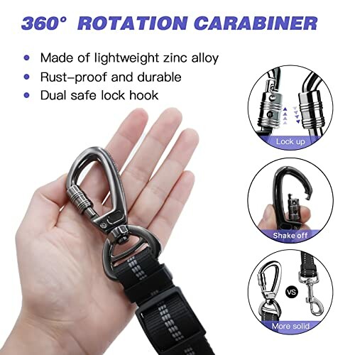 Hand holding a 360-degree rotation carabiner with features like lightweight zinc alloy, rust-proof, durable, and dual safe lock hook.