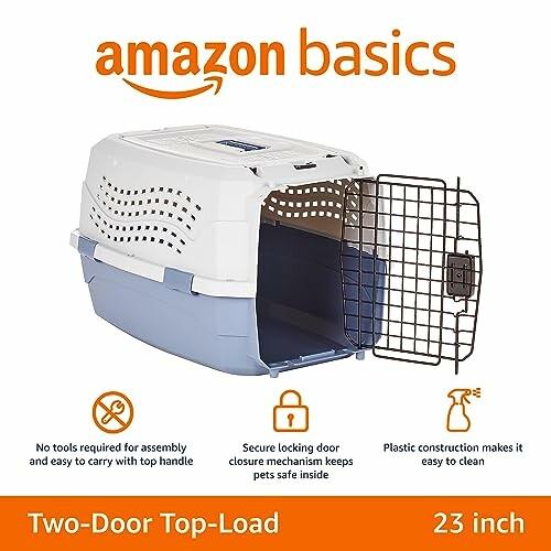 Amazon Basics two-door top-load pet carrier with secure locking door and easy assembly features.