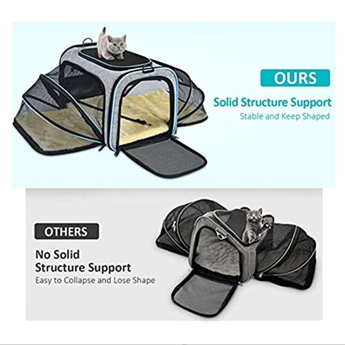 Comparison of two cat carriers, one with solid structure support and a cat sitting on top, and another without solid structure, collapsing with a cat inside.