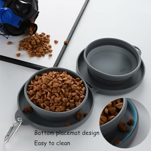 Collapsible pet bowl with kibble and water