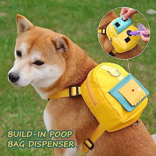 Dog wearing a yellow backpack with built-in poop bag dispenser.