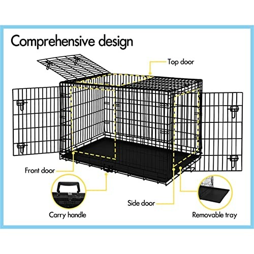 Diagram of a dog crate with labeled parts including top door, front door, side door, carry handle, and removable tray.