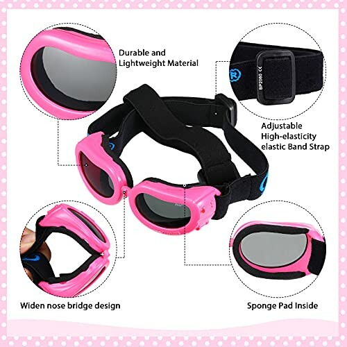 Pink dog goggles with adjustable elastic band and sponge padding.