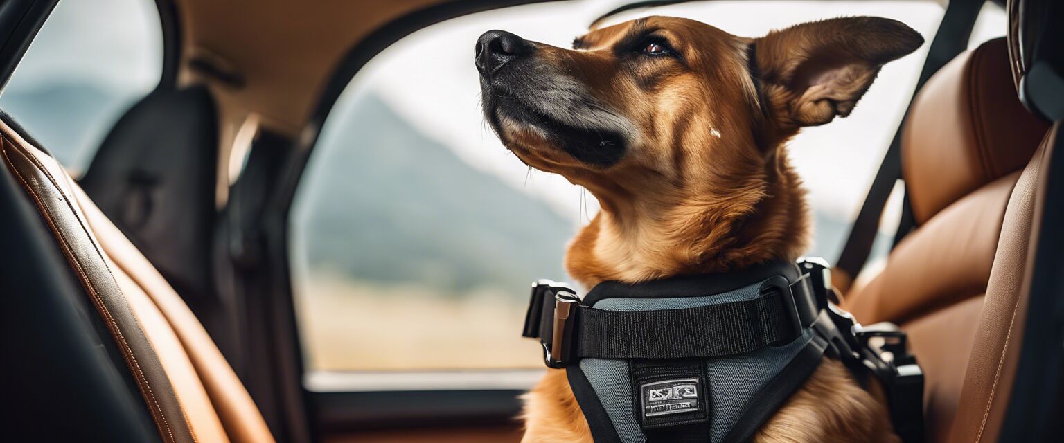 Dog secured in travel harness