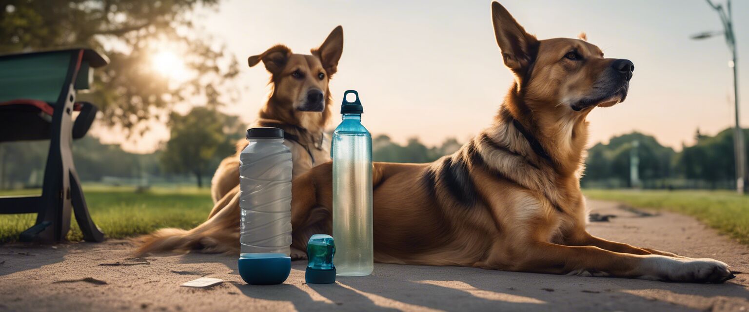 Dog resting next to a travel water bottle