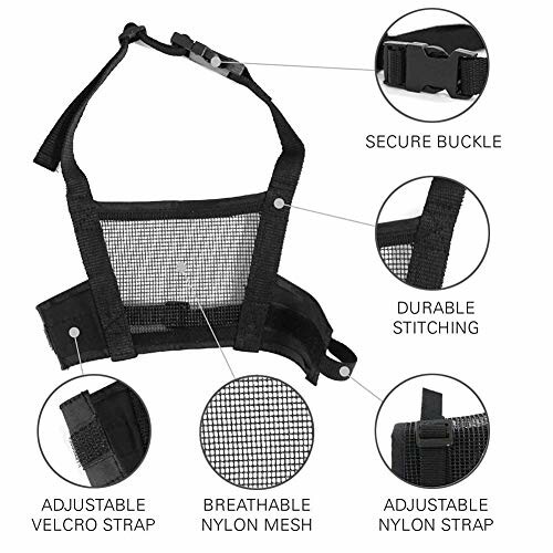 Black dog muzzle with secure buckle, durable stitching, adjustable velcro strap, breathable nylon mesh, and adjustable nylon strap