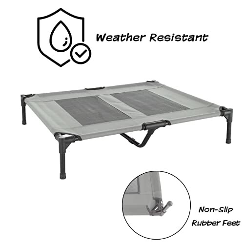 Elevated dog bed with weather-resistant material and non-slip rubber feet.