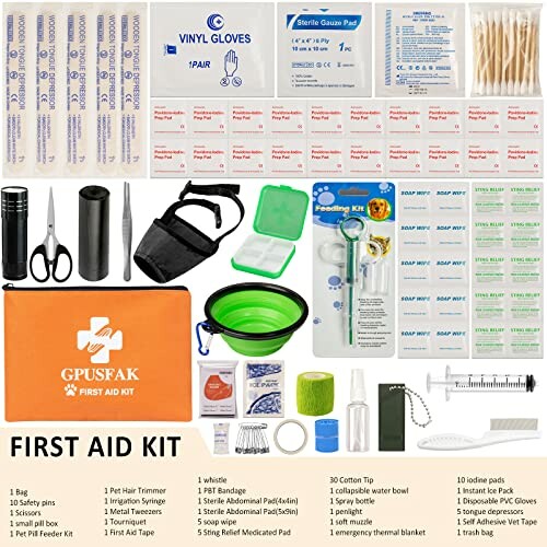 Contents of a comprehensive first aid kit including bandages, gloves, and medical tools.