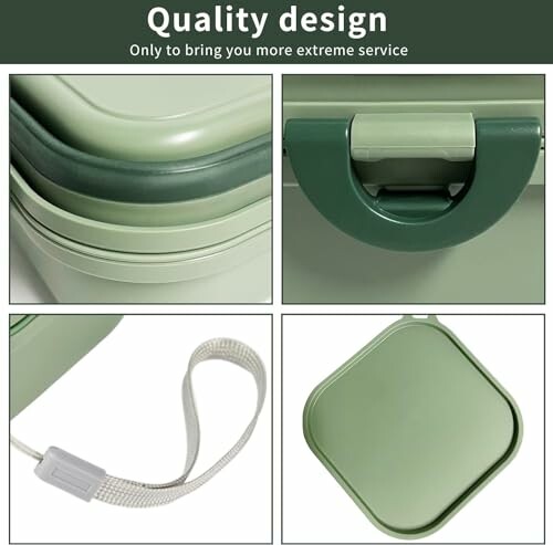 Collage of green lunch box with handle, strap, and lid.