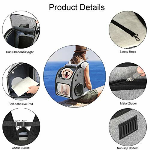 Product details of a pet carrier backpack with various features including sun shade, safety rope, self-adhesive pad, metal zipper, chest buckle, and non-slip bottom.