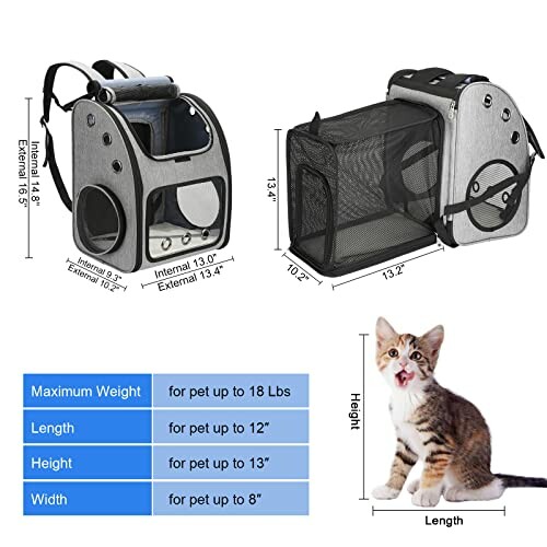 Pet carrier with dimensions and a cat illustration.