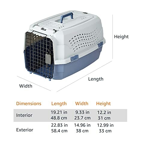 Pet carrier with dimensions and measurements.