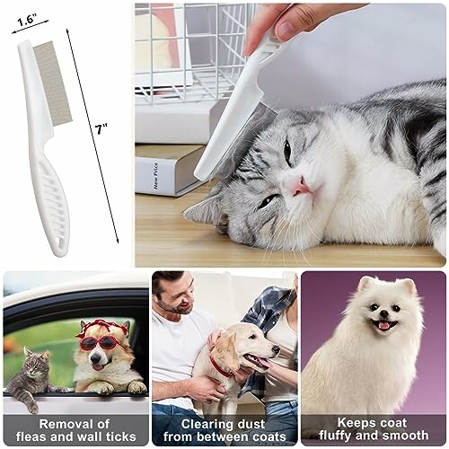 Pet grooming comb with dimensions, cat being combed, and benefits like removal of fleas and keeping coat fluffy.