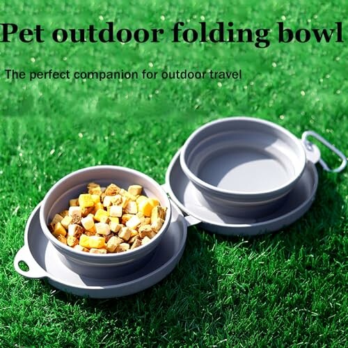 Collapsible pet bowls on grass with food