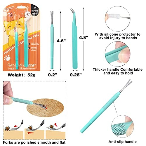 Pet tick remover tool with silicone protector and anti-slip handle.