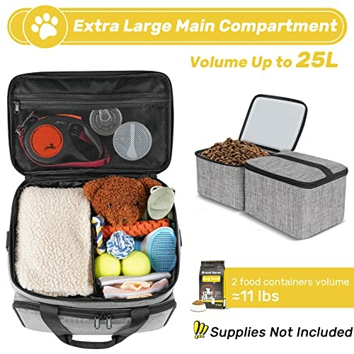 Pet travel bag with extra-large compartment and two food containers.