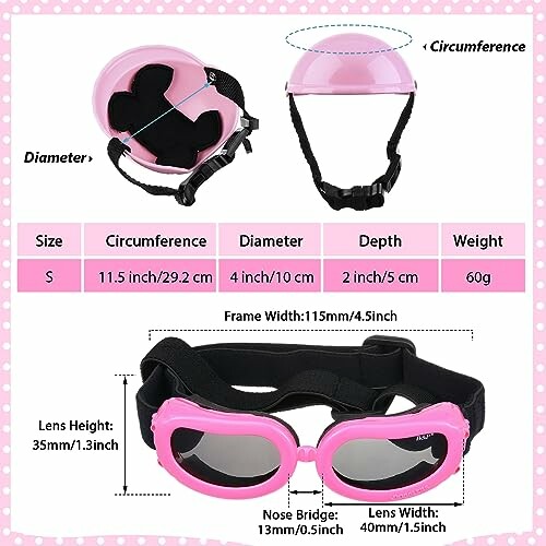 Pink dog goggles with size chart and dimensions.