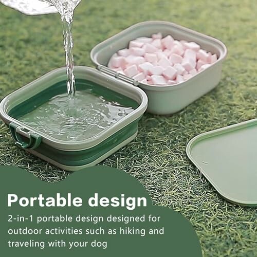 Collapsible portable dog bowl with water and treats on grass.