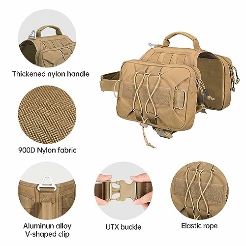 Tactical bag with nylon handle, V-shaped clip, UTX buckle, and elastic rope.