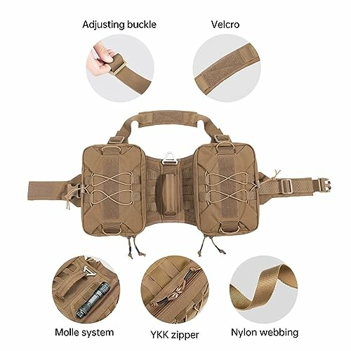 Brown tactical waist bag with features including adjusting buckle, Velcro, Molle system, YKK zipper, and nylon webbing.